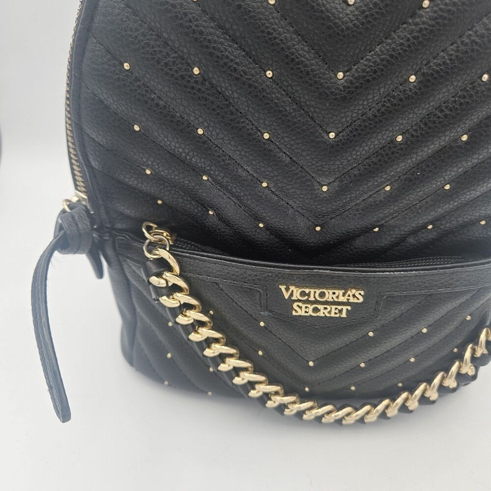 Victoria's Secret V Quilt Mini Backpack Black Gold Chain Studded Bag - Picture 2 of 12